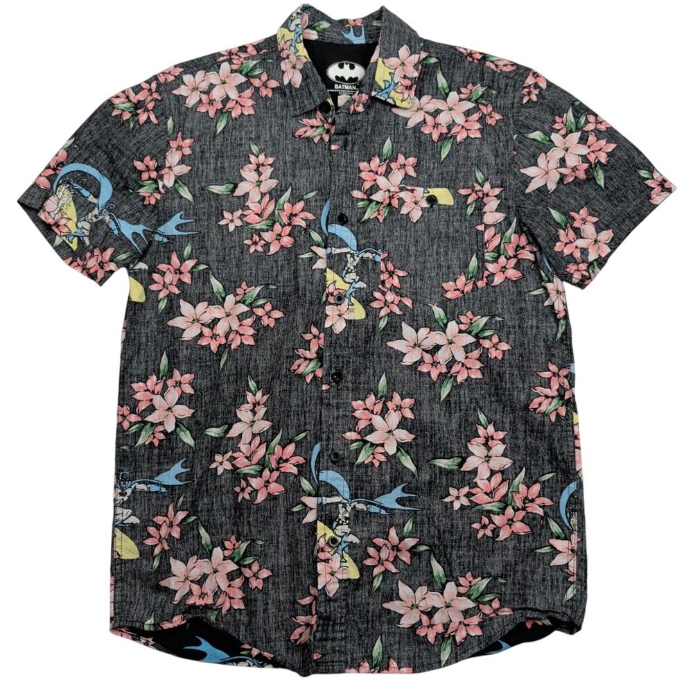 BATMAN DC Comics Hawaiian Button Shirt Men's Medium Floral Reverse Print Surfing